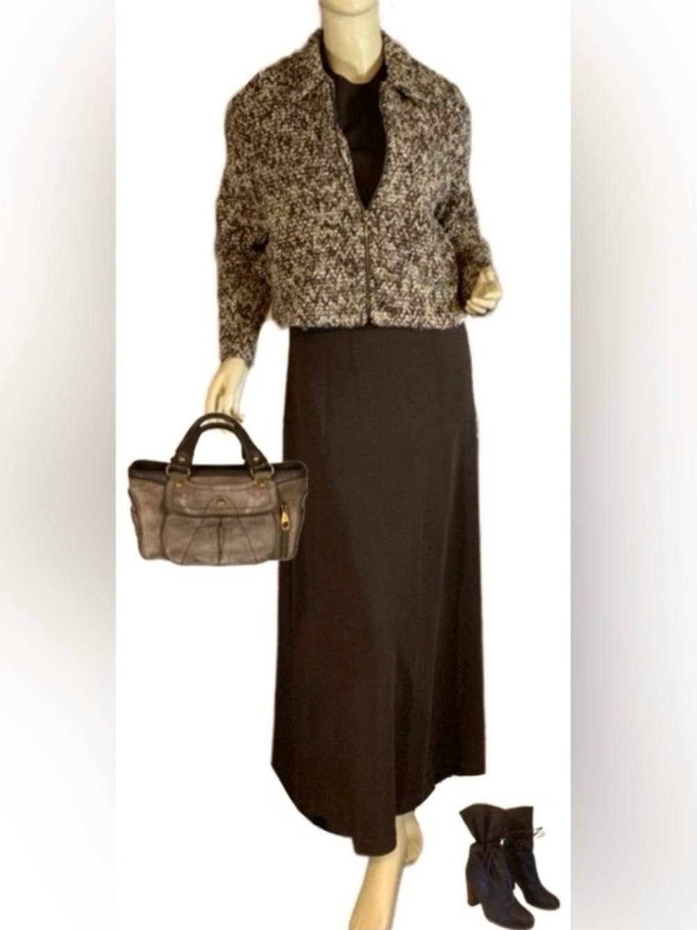 POSITIVE ATTITUDE BROWN KNIT DRESS & COORDINATING TWEED BLAZER SET (M)